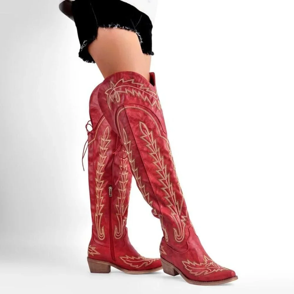 Women Red Synthetic Cowgirl Thigh High Wide Calf Embroidered Western Boots